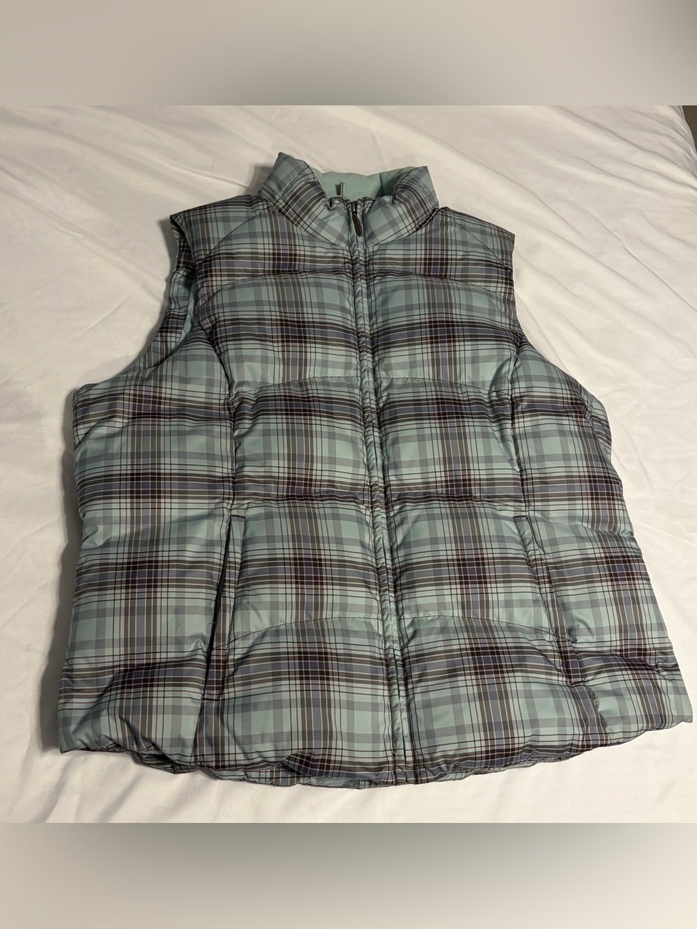 Eddie Bauer Goose Down Plaid Puffer Vest Mint Green Blue XL